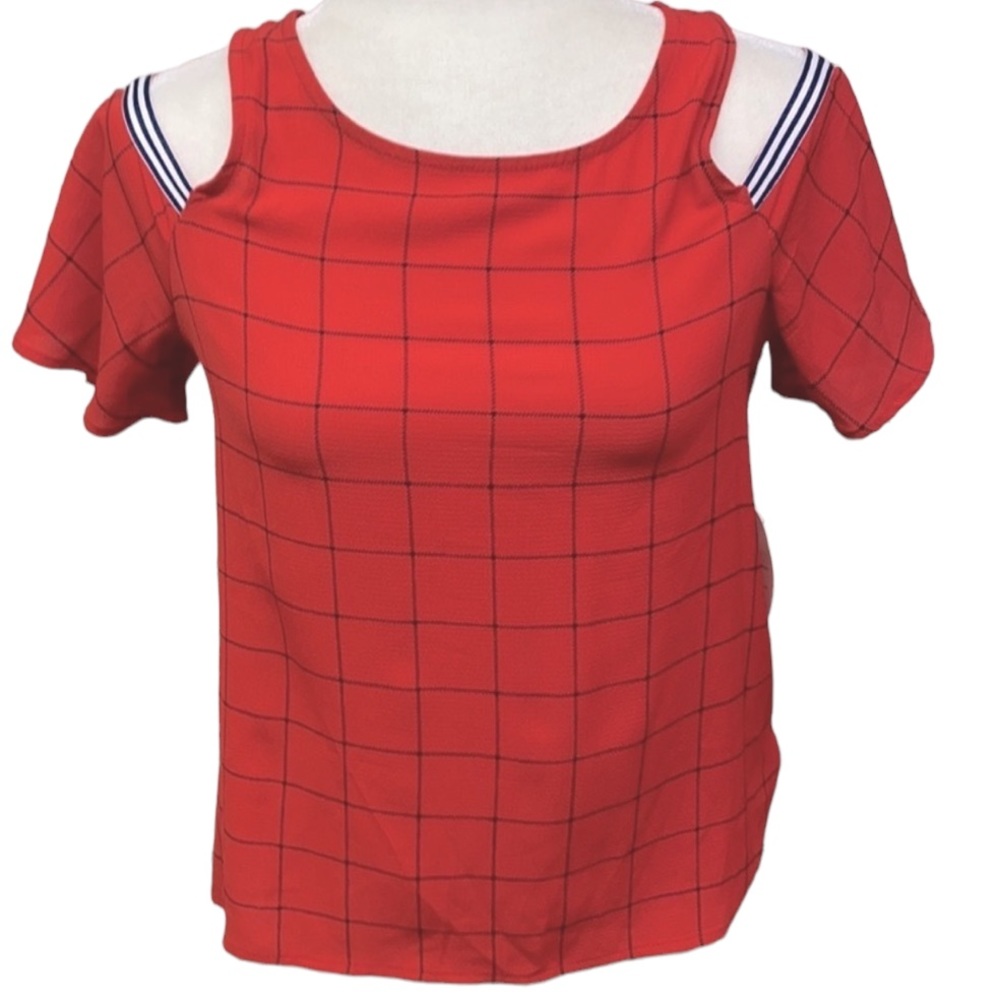 Gypsies & Moondust Red Navy Grid Pattern Blouse
